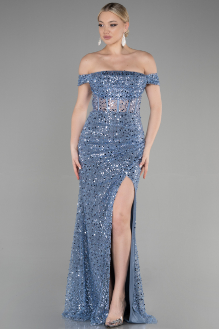 Abendkleid Lang Schuppig Blau ABU3498