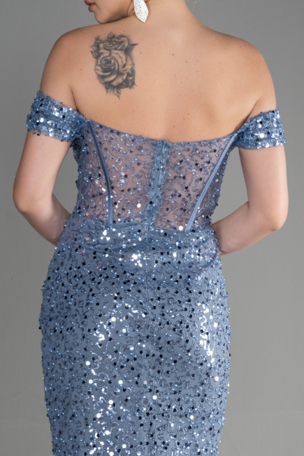 Abendkleid Lang Schuppig Blau ABU3498