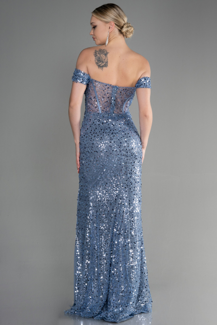 Abendkleid Lang Schuppig Blau ABU3498