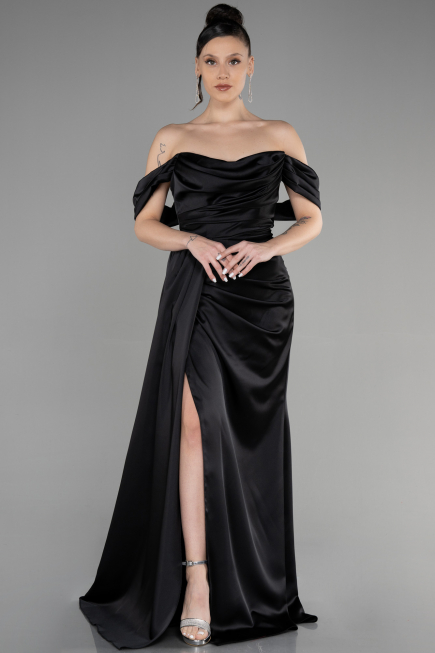 Abschlusskleid Lang Satin Schwarz ABU3514