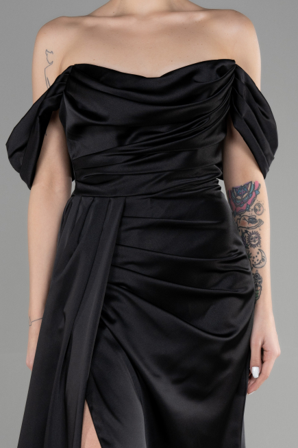 Abschlusskleid Lang Satin Schwarz ABU3514