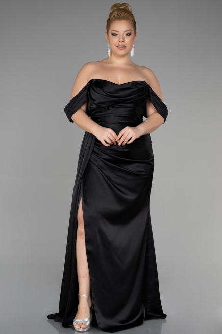 Kleider in Großen Größen Lang Satin Schwarz ABU3515