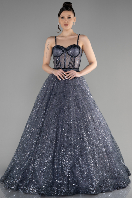 Designer Abendkleid Lang Anthrazit ABU3556