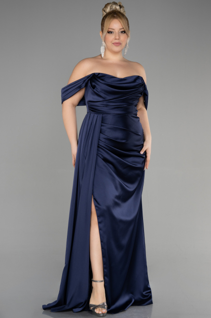 Kleider in Großen Größen Lang Satin Marineblau ABU3515