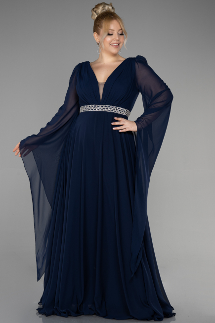 Abendgarderobe in Großen Größen Lang Chiffon Marineblau ABU3543