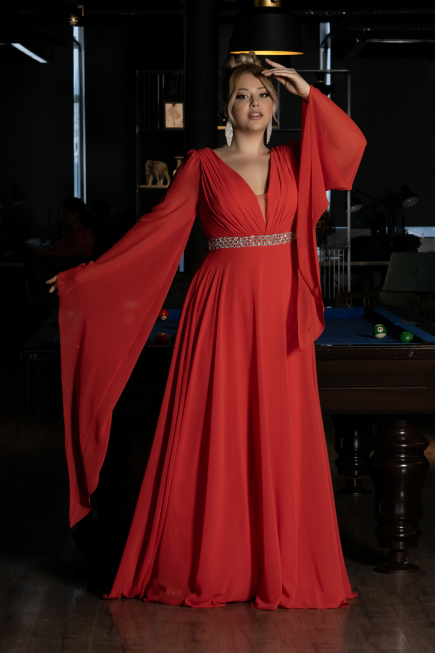 Abendgarderobe in Großen Größen Lang Chiffon Koralle ABU3543