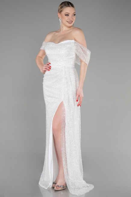 Abendkleid Lang Schuppig Weiß ABU3577