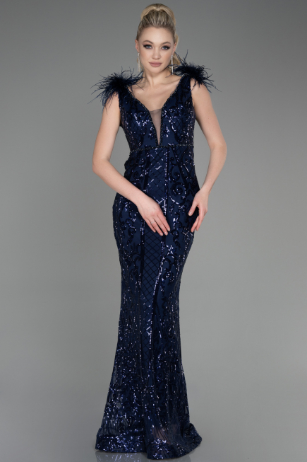 Abendkleid im Meerjungfrau-Stil Lang Marineblau ABU3669