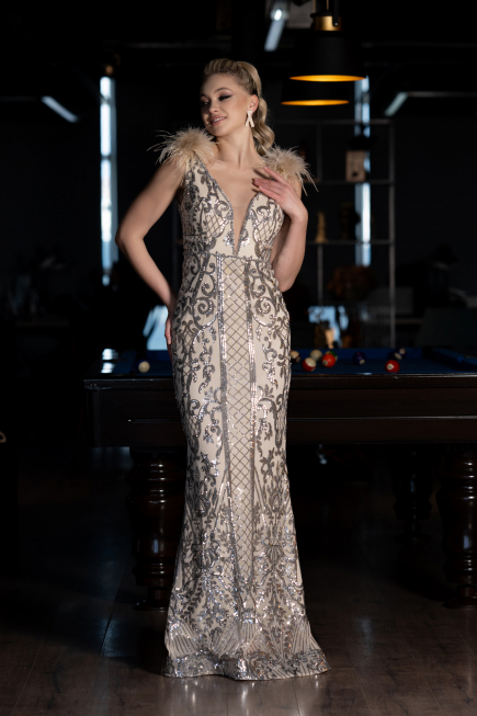Abendkleid im Meerjungfrau-Stil Lang Beige ABU3669
