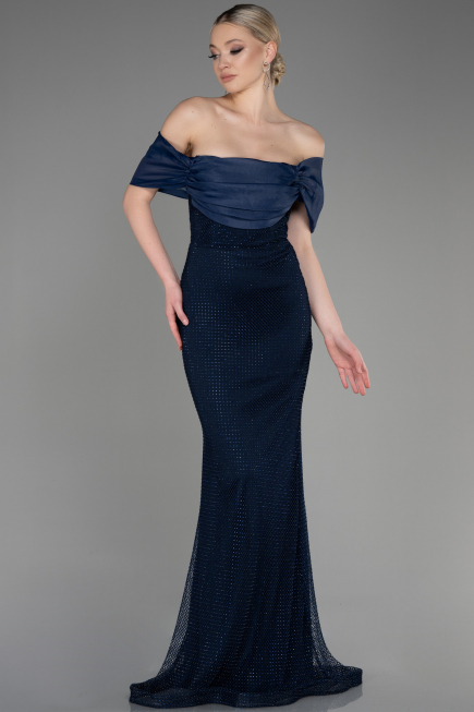Abendkleid im Meerjungfrau-Stil Lang File Marineblau ABU3769