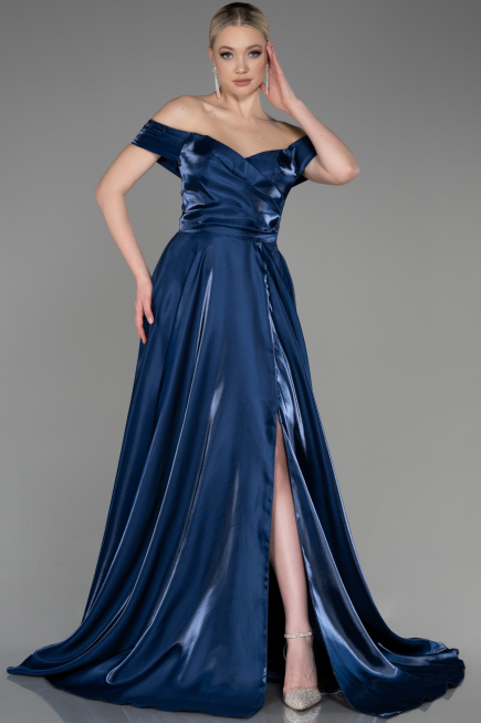 Abendkleid Lang Satin Marineblau ABU3774