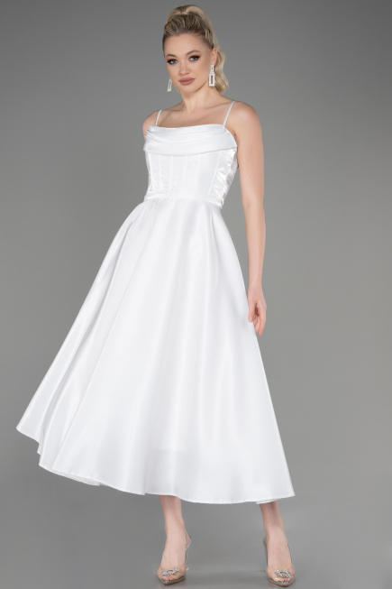 Abendkleid Midi Satin Weiß ABK2011