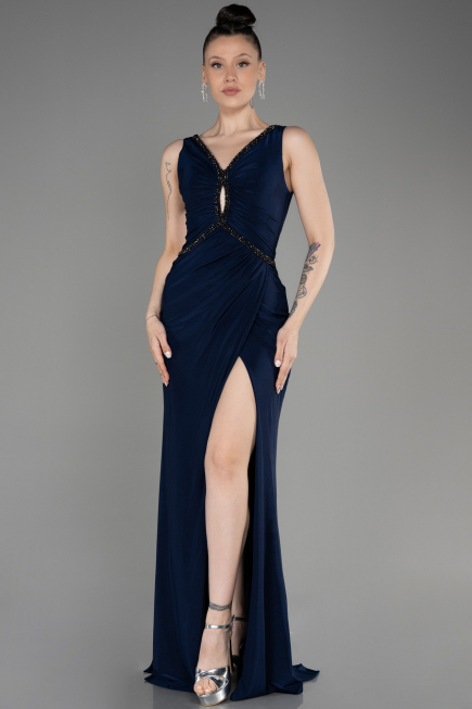 Abendkleid im Meerjungfrau-Stil Lang Marineblau ABU3782
