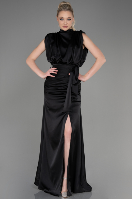 Schwarz Abendkleid Satin Lang ABU2133