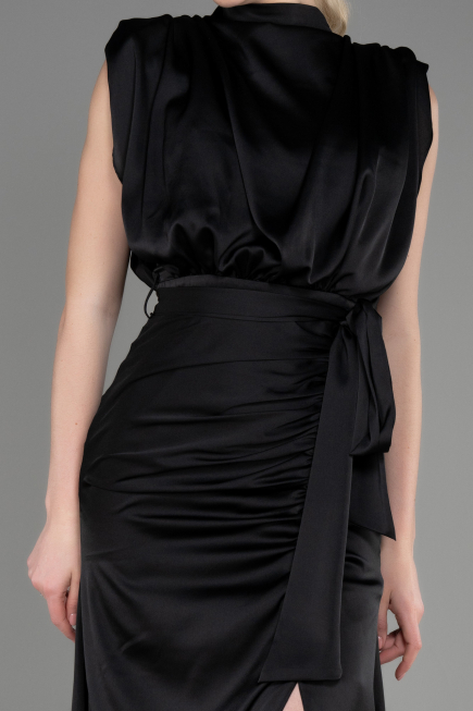 Schwarz Abendkleid Satin Lang ABU2133