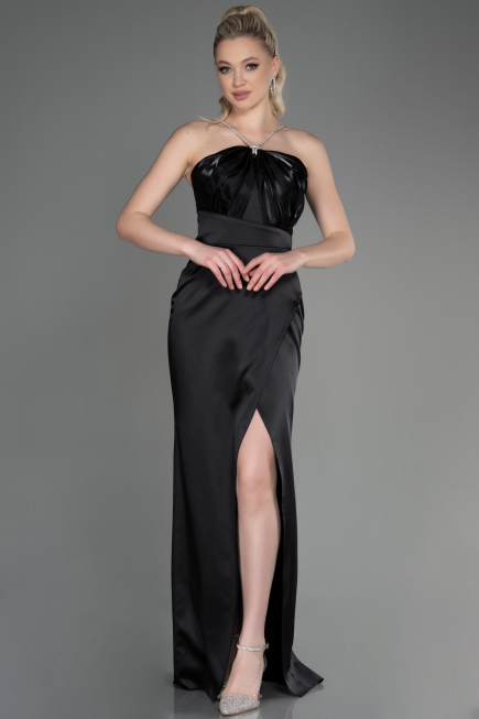 Abschlusskleid Lang Satin Schwarz ABU3525
