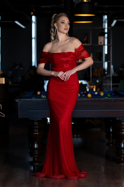 Abendkleid im Meerjungfrau-Stil Lang File Rot ABU3769
