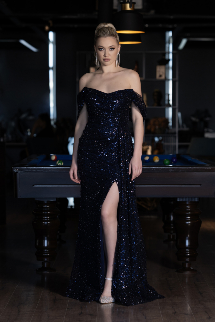 Abendkleid Lang Schuppig Marineblau ABU3577
