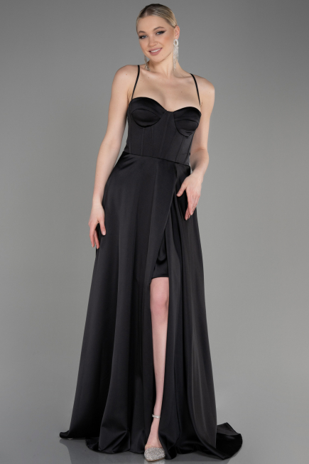 Abschlusskleid Lang Satin Schwarz ABU3809