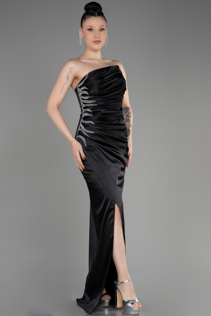 Abendkleid Lang Satin Schwarz ABU3825
