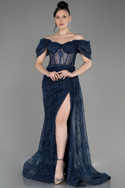 Marineblau Abendkleid Lang ABU2706