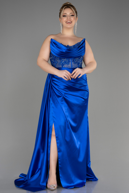 Abschlusskleid In Übergröße Lang Satin Sächsischblau ABU3855