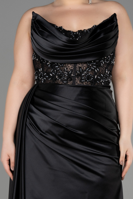 Abschlusskleid In Übergröße Lang Satin Schwarz ABU3855