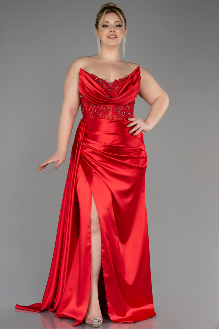 Abschlusskleid In Übergröße Lang Satin Rot ABU3855