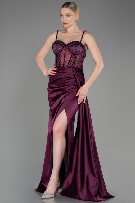 Abendkleid Lang Satin Pflaume ABU3875