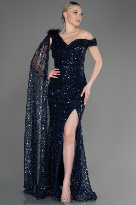 Abendkleid Lang Schuppig Marineblau ABU3857