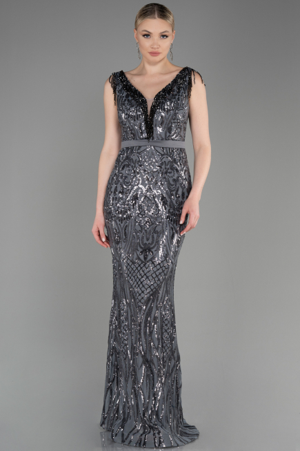Abendkleid im Meerjungfrau-Stil Lang Anthrazit ABU3874