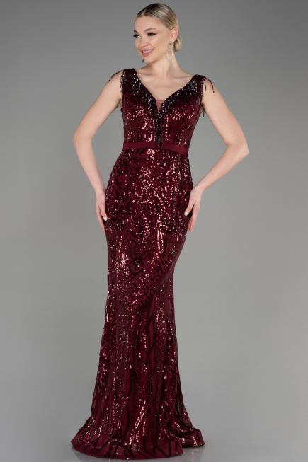 Abendkleid im Meerjungfrau-Stil Lang Weinrot ABU3874