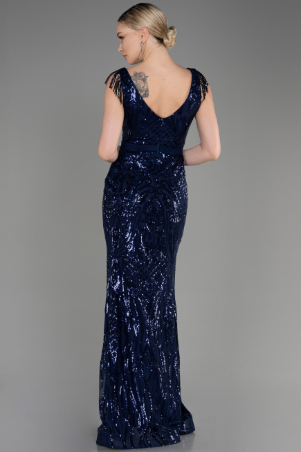 Abendkleid im Meerjungfrau-Stil Lang Marineblau ABU3874