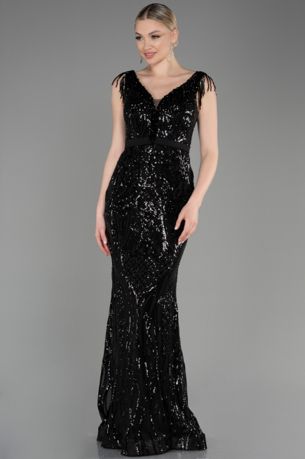 Abendkleid im Meerjungfrau-Stil Lang Schwarz ABU3874