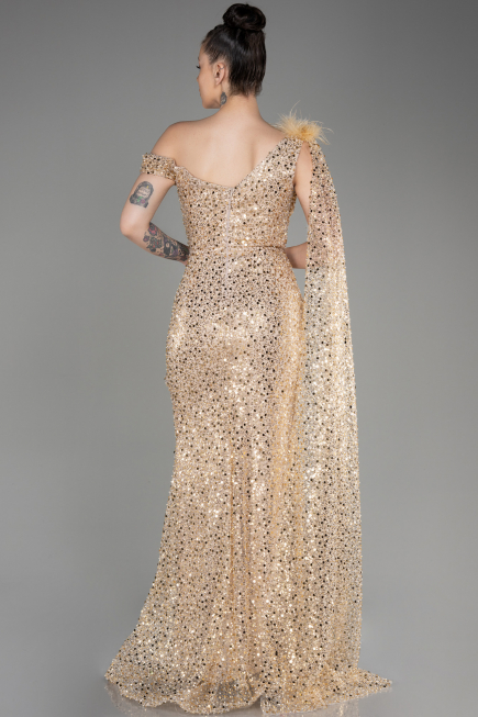 Abendkleid Lang Schuppig Gold ABU3857