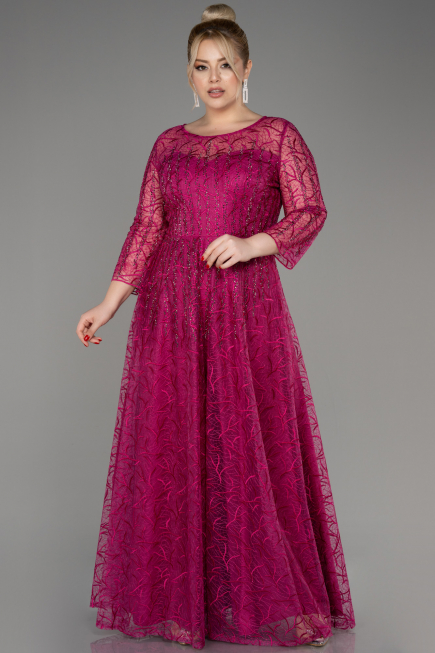 Abendkleid in Übergröße Lang Guipure Spitze Fuchsie ABU3932