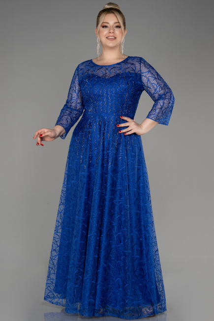 Abendkleid in Übergröße Lang Guipure Spitze Sächsischblau ABU3932