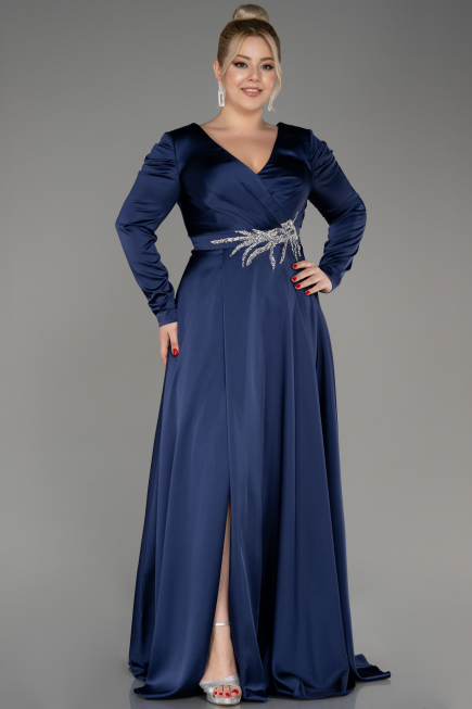 Verlobungskleid In Übergröße Lang Satin Marineblau ABU3941