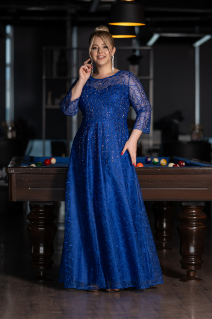 Abendkleid in Übergröße Lang Guipure Spitze Sächsischblau ABU3932