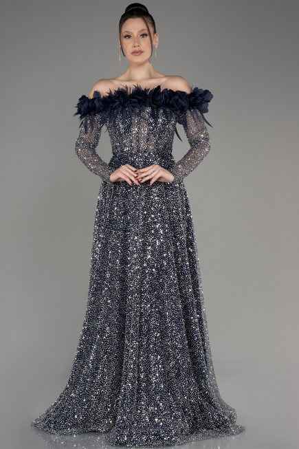 Abendkleid Lang Schuppig Marineblau ABU3957