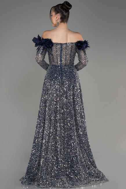Abendkleid Lang Schuppig Marineblau ABU3957