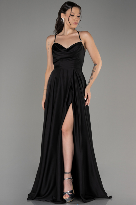 Abschlusskleid Lang Satin Schwarz ABU4017