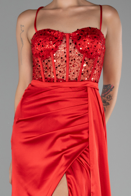 Abendkleid Lang Satin Rot ABU4090