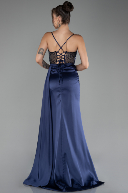 Abendkleid Lang Satin Marineblau ABU4090