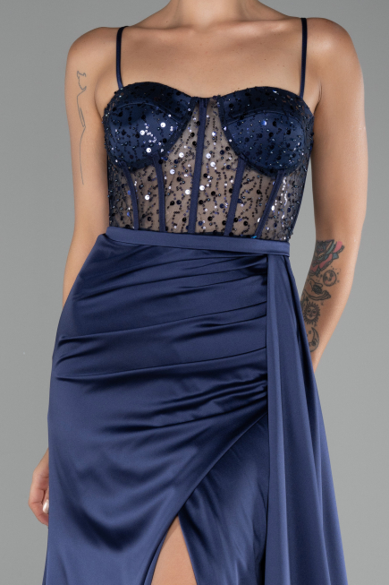 Abendkleid Lang Satin Marineblau ABU4090