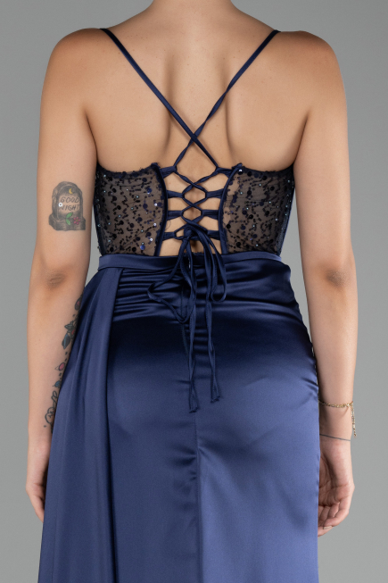 Abendkleid Lang Satin Marineblau ABU4090