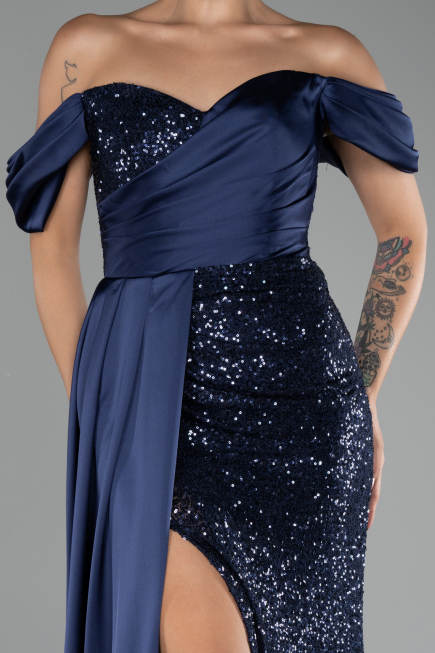 Abendkleid Lang Schuppig Marineblau ABU4085