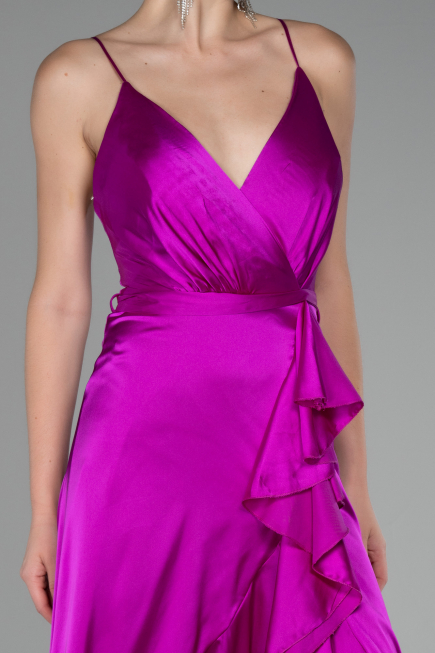 Abschlusskleid Vorne Kurz-Hinten Lang Satin Fuchsie ABO109