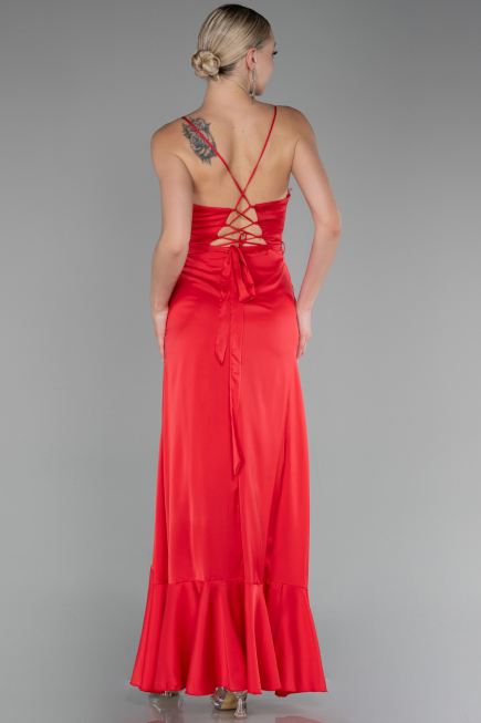 Abschlusskleid Vorne Kurz-Hinten Lang Satin Rot ABO109