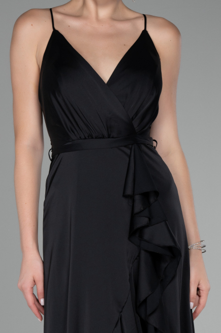 Abschlusskleid Vorne Kurz-Hinten Lang Satin Schwarz ABO109
